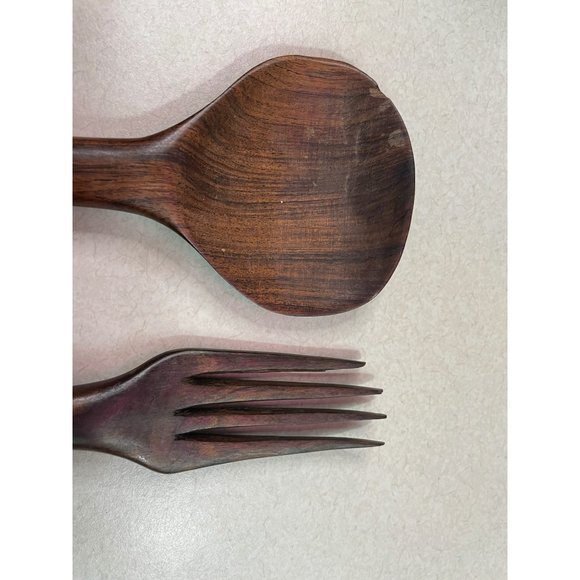 Hand Carved Wood Salad Spoon Fork Server Set African ? Ironwood - Picture 9 of 9